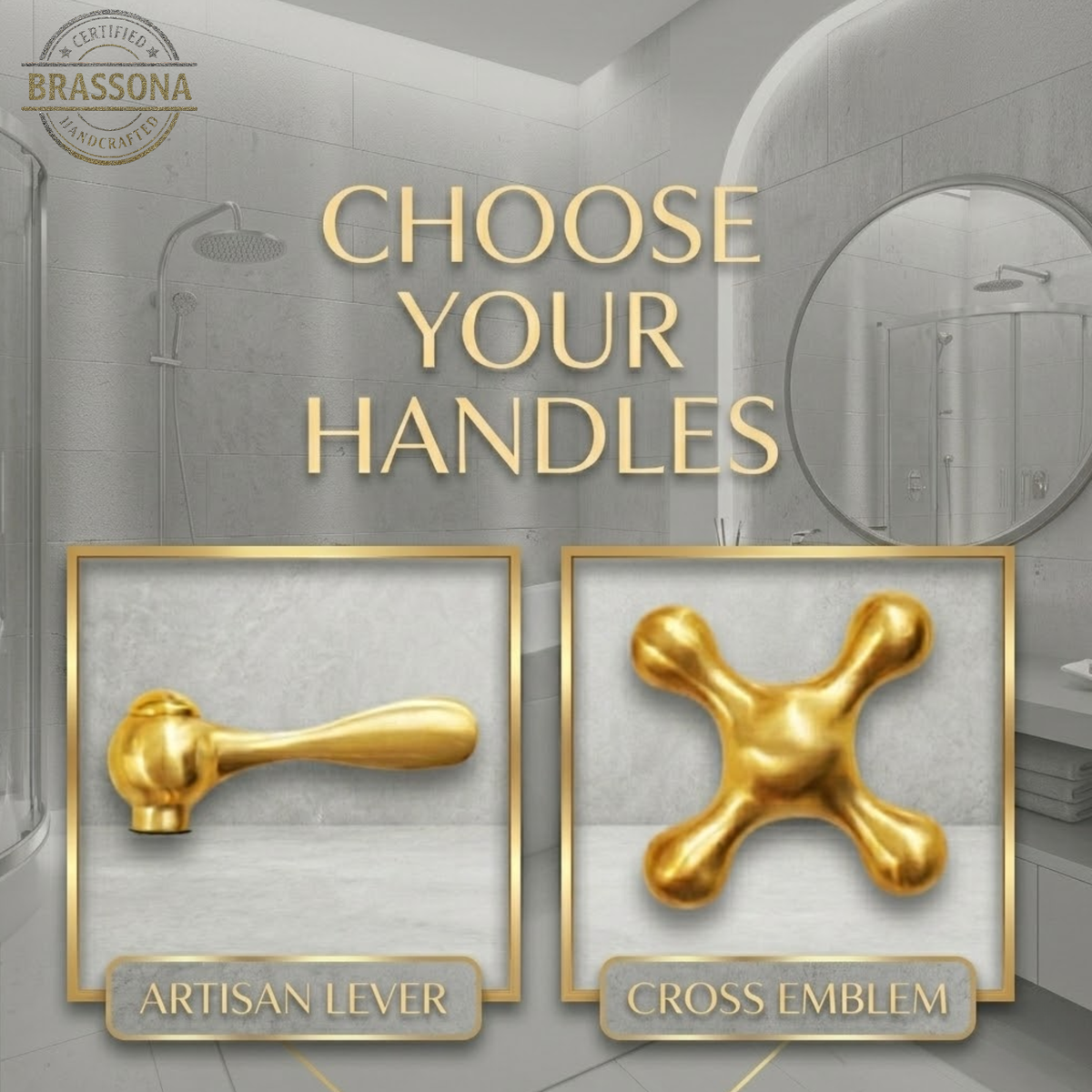 BrassOna unlacquered brass faucet handle options featuring Artisan Lever and Cross Emblem styles displayed in a luxury bathroom setting