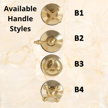 Available unlacquered brass faucet handle styles showing four solid brass options including cross handle, lever handle, wheel handle, and vintage cross handle labeled B1, B2, B3, and B4.