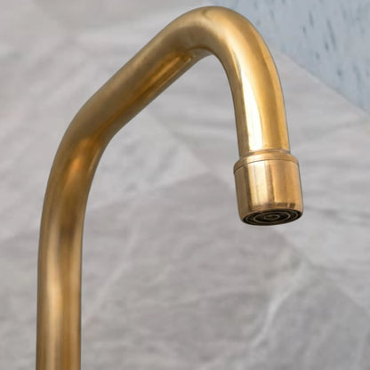 Unlacquered brass faucet spout close-up showing natural patina finish and aerator tip, gooseneck curve detail
