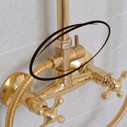Unlacquered brass 3-way shower diverter valve installed on vintage exposed shower system
