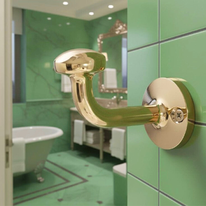 Unlacquered solid brass wall hook installed in a bathroom interior, blending classic design with modern green ceramic tiles.