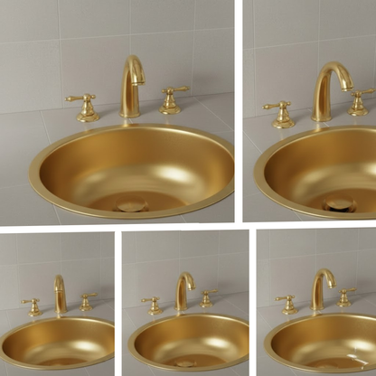 Unlacquered brass 3-hole widespread bathroom faucet shown from multiple angles installed on a brass sink
