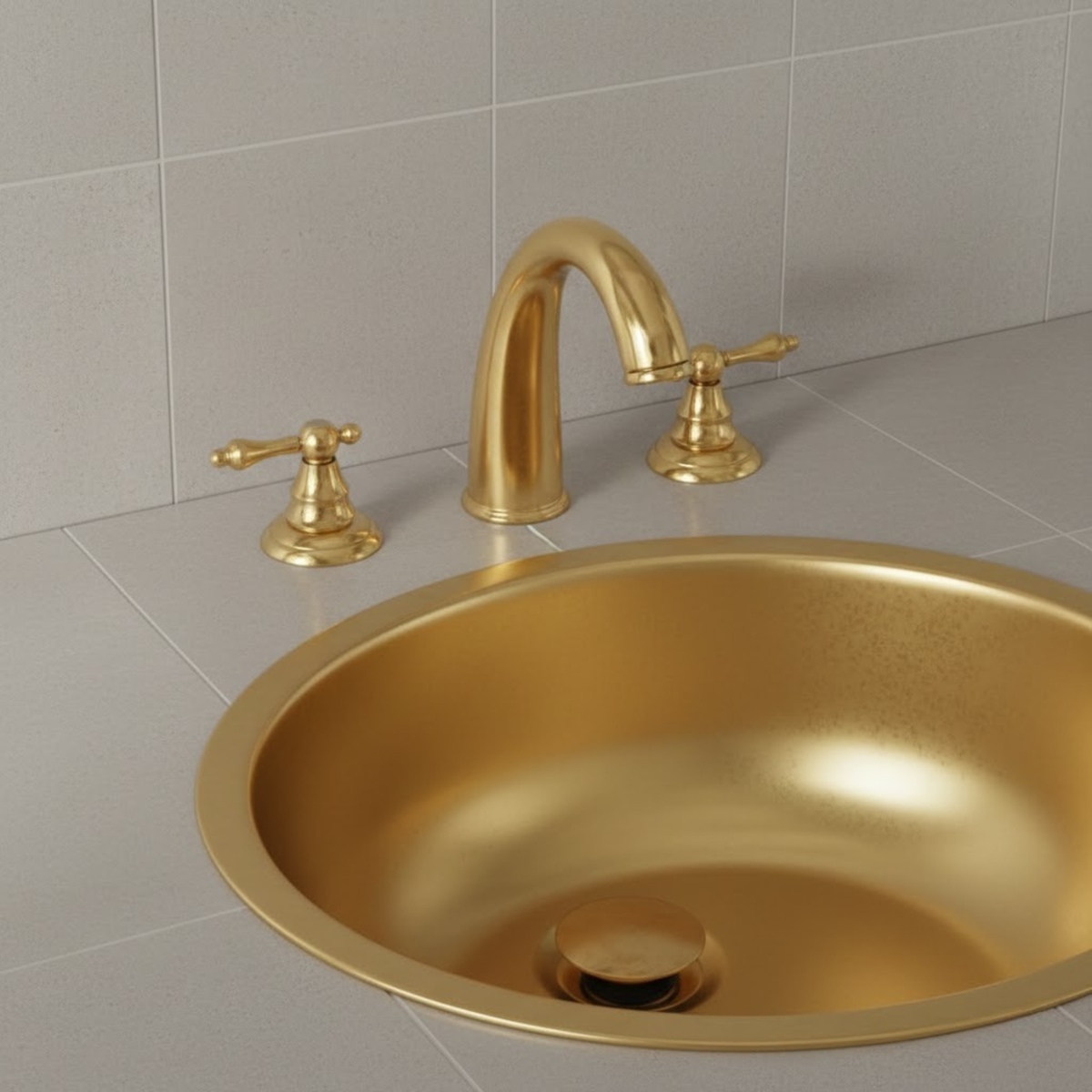 Unlacquered brass 3-hole widespread bathroom faucet with lever handles installed on a brass sink