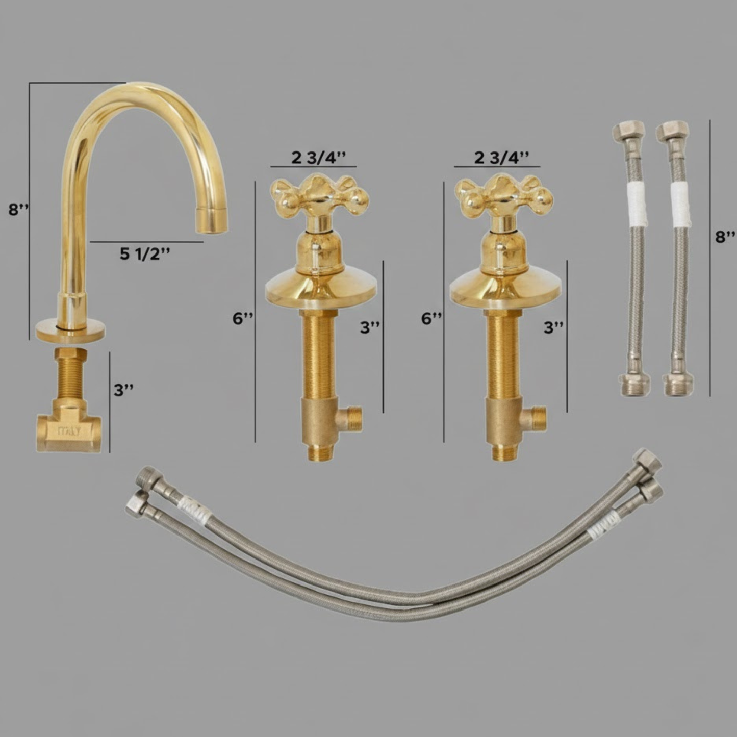 Unlacquered solid brass widespread bathroom faucet set with handles spout and installation components