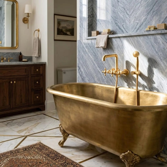 Unlacquered brass wall-mount clawfoot tub faucet installed on antique gold brass soaking tub with Calacatta marble wall and Persian rug in classic American bathroom