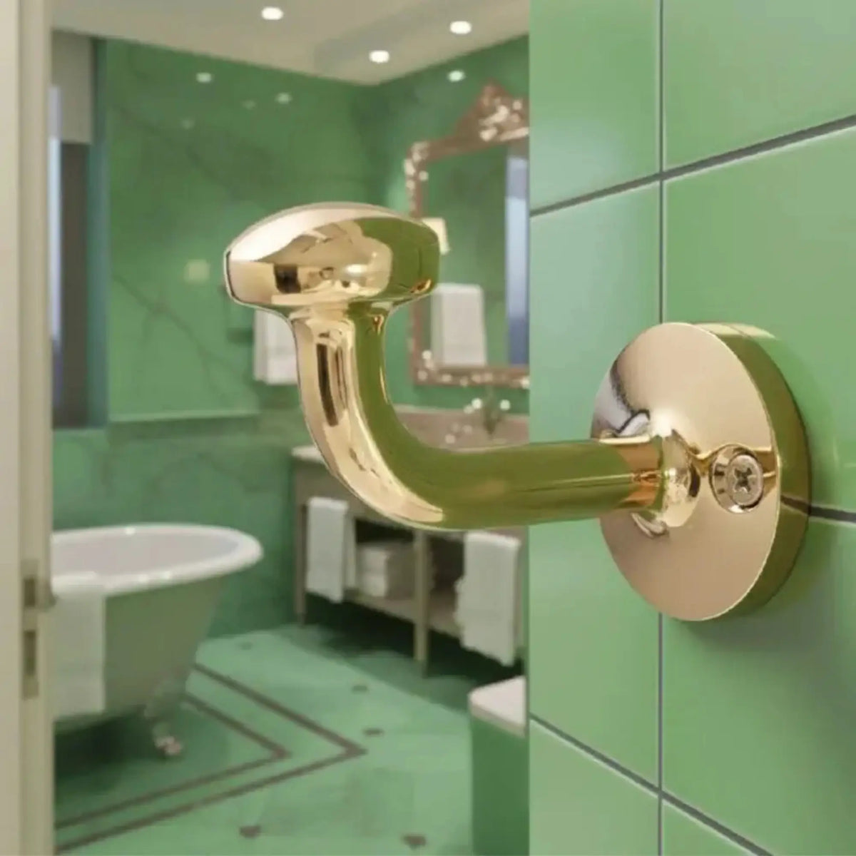 Unlacquered solid brass wall hook installed in a bathroom interior, blending classic design with modern green ceramic tiles.