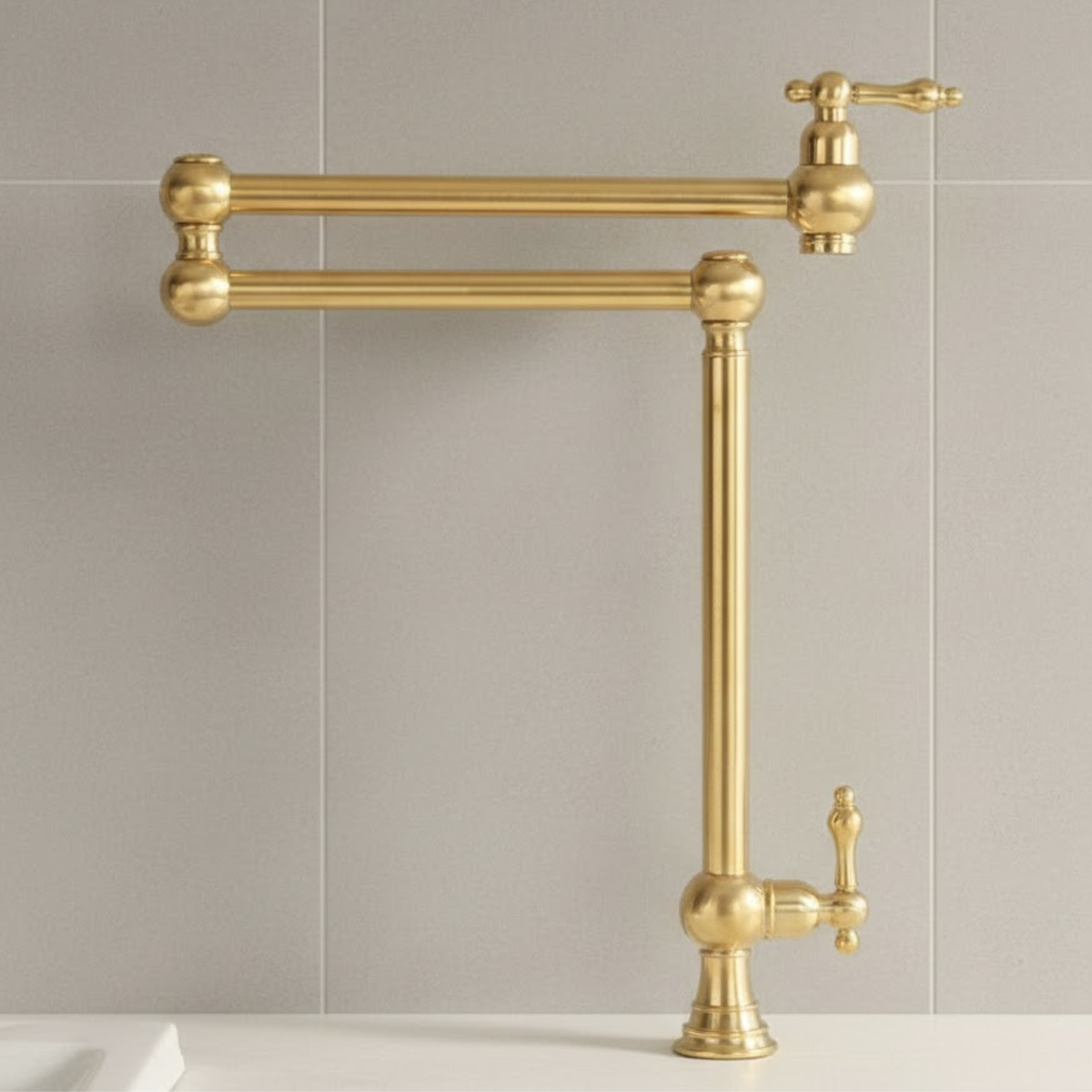 Vintage style unlacquered brass kitchen pot filler faucet
