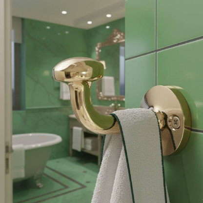 Unlacquered brass wall hook holding a towel in a bathroom setting, showcasing the natural living finish and classic vintage style.