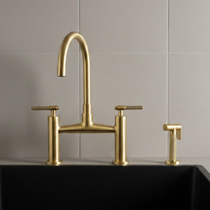 Vintara unlacquered brass bridge kitchen faucet with side sprayer, solid brass living finish