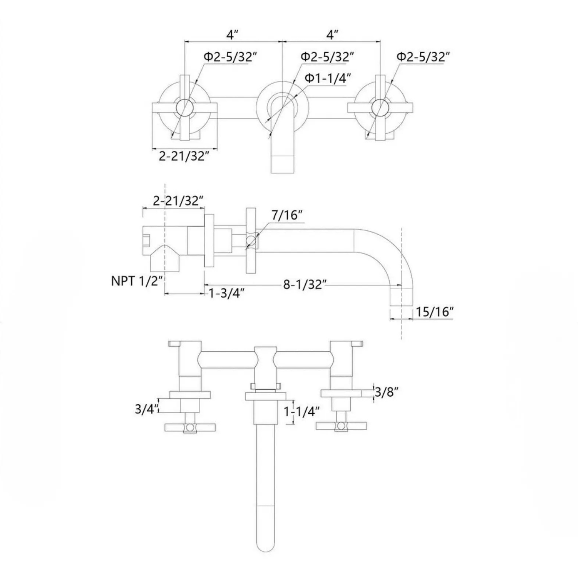 Technical drawing of wall-mount unlacquered brass bathroom faucet with dimensions and standard plumbing specifications