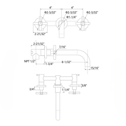 Technical drawing of wall-mount unlacquered brass bathroom faucet with dimensions and standard plumbing specifications