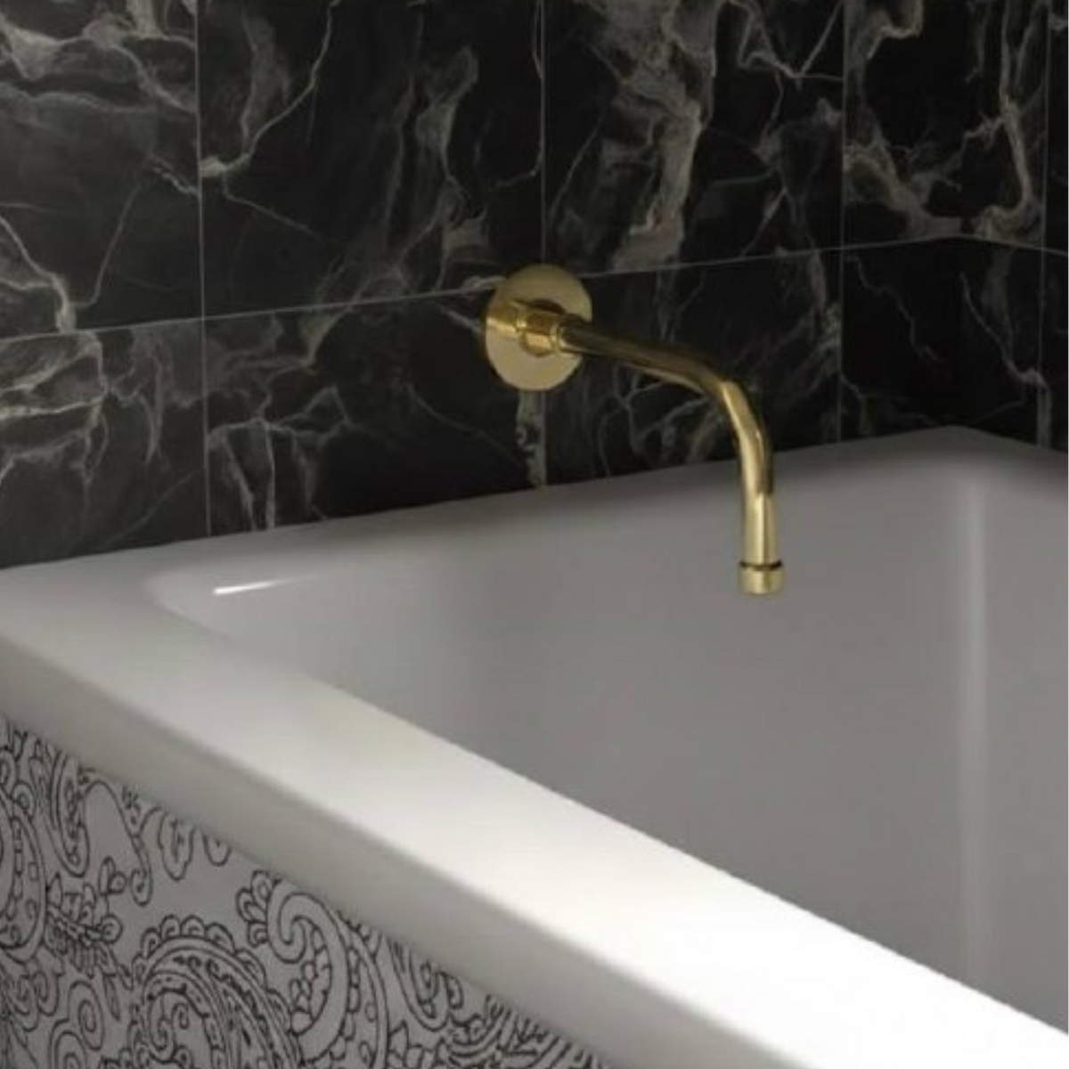 8-inch unlacquered brass wall-mount tub spout installed above a bathtub against a black marble wall