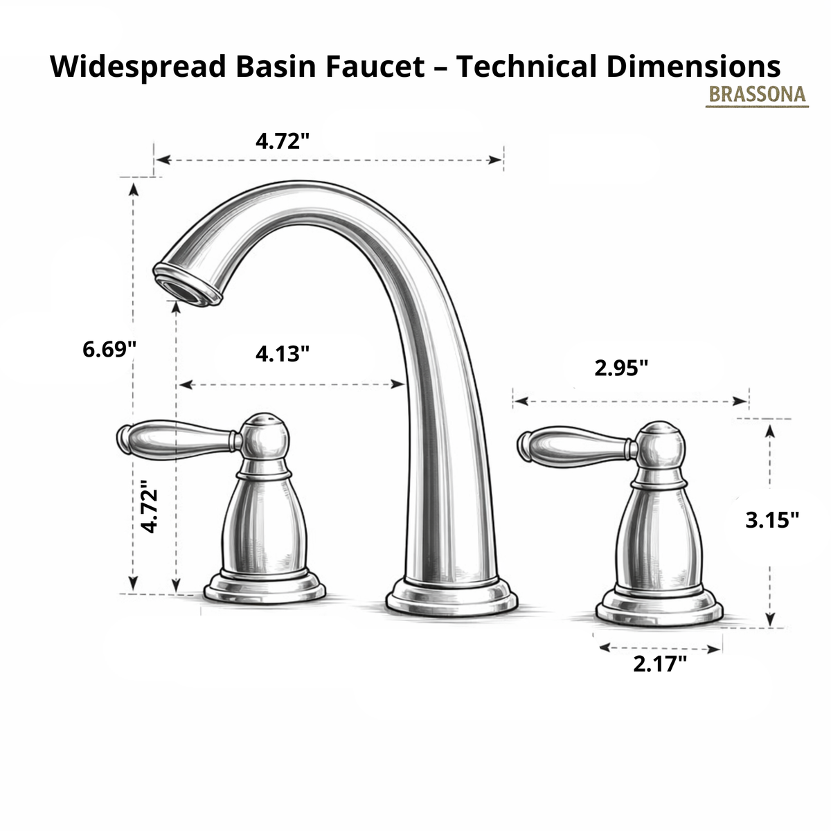 Technical dimensions diagram of a 3-hole widespread basin faucet showing spout height, reach, and handle measurements
