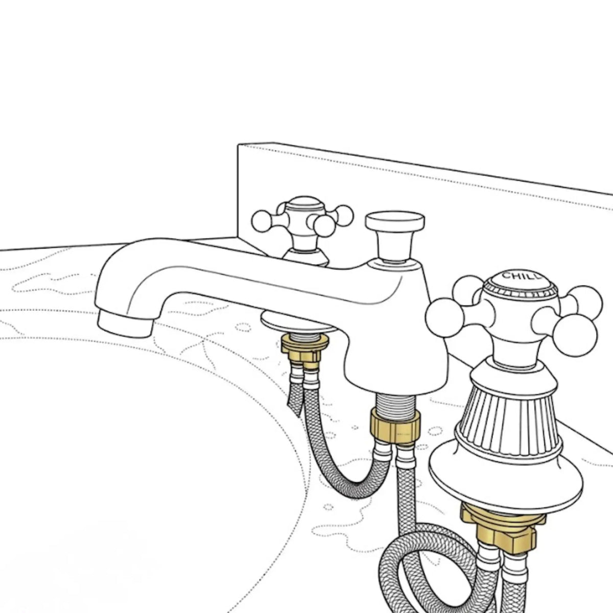 Unlacquered brass widespread bathroom faucet installation diagram showing hoses, connectors, and under-sink connections