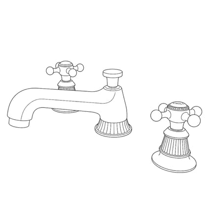 Technical line drawing of unlacquered brass widespread bathroom faucet with cross handles and spout design