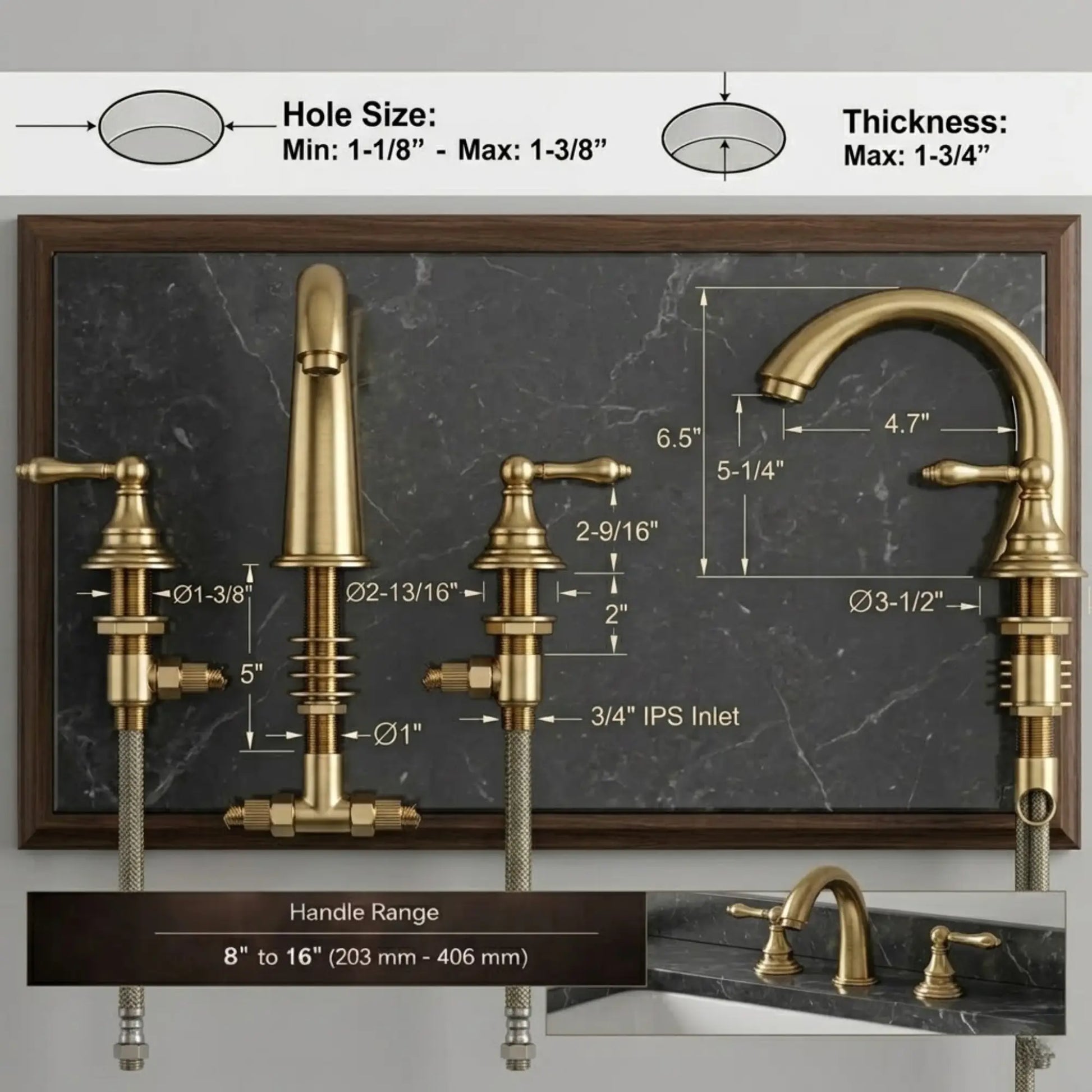 Sella unlacquered brass widespread faucet dimension diagram showing 6.5 inch spout height, 4.7 inch reach, and 8 to 16 inch handle spread range with hole size and countertop thickness specifications