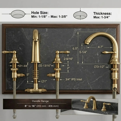 Sella unlacquered brass widespread faucet dimension diagram showing 6.5 inch spout height, 4.7 inch reach, and 8 to 16 inch handle spread range with hole size and countertop thickness specifications