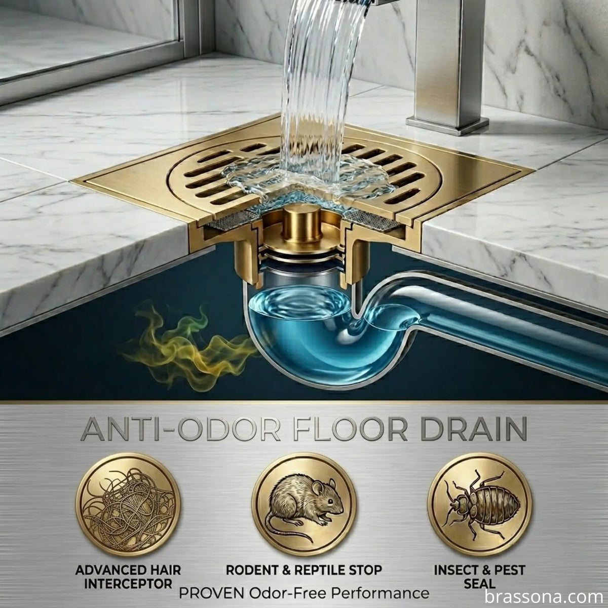 Anti-odor floor drain cutaway diagram showing trap seal, hair interceptor, and pest seal mechanism