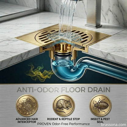 Anti-odor floor drain cutaway diagram showing trap seal, hair interceptor, and pest seal mechanism