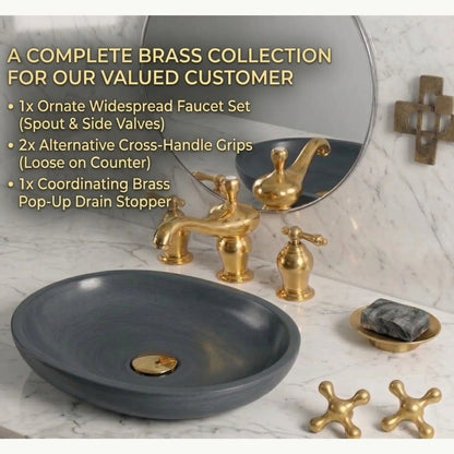 Customer installation of Aurelia unlacquered brass widespread bathroom faucet on marble vanity with vessel sink