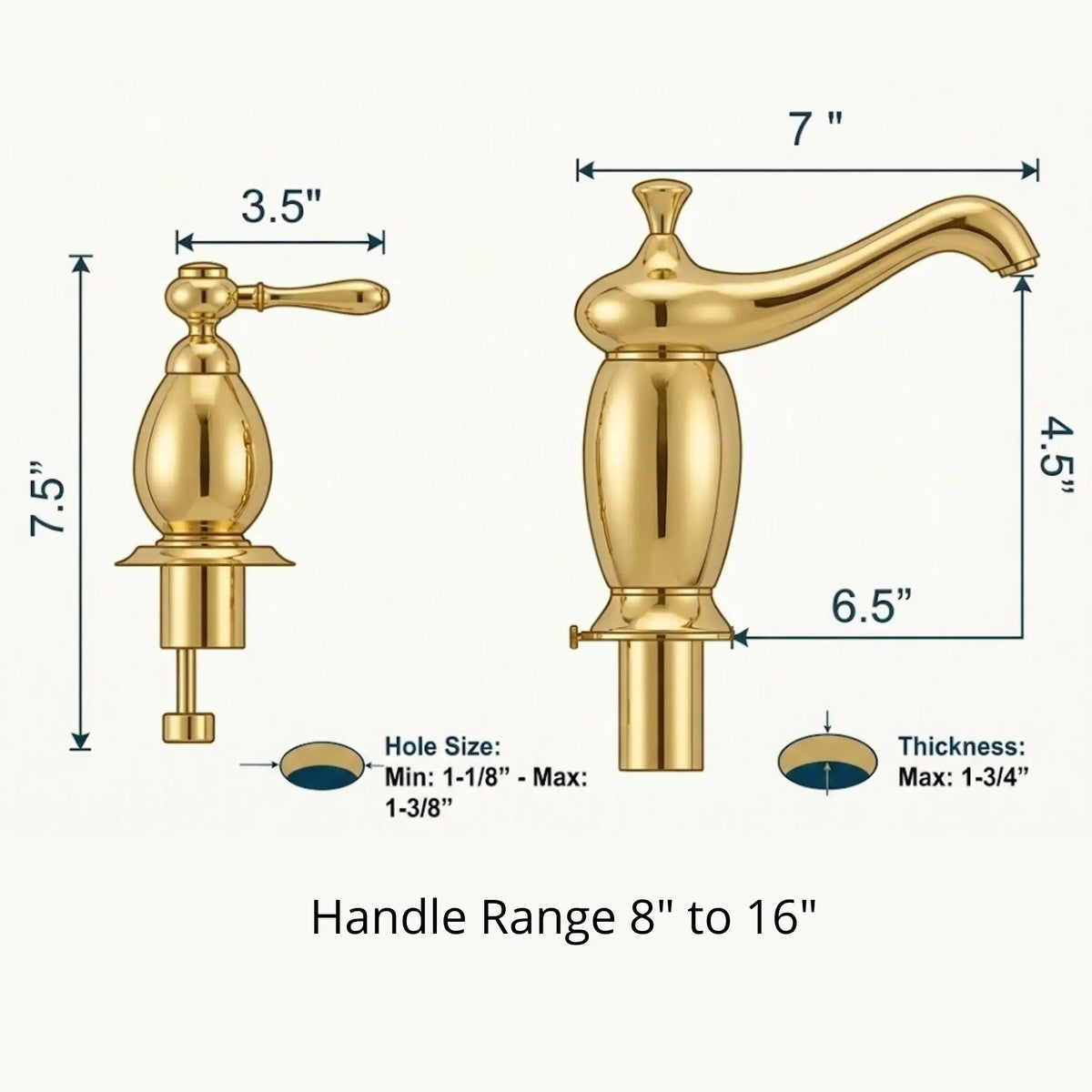 Aurelia unlacquered brass widespread bathroom faucet dimensions diagram showing spout reach, height, and installation measurements