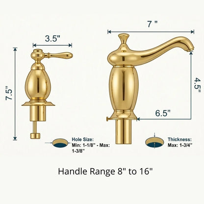Aurelia unlacquered brass widespread bathroom faucet dimensions diagram showing spout reach, height, and installation measurements