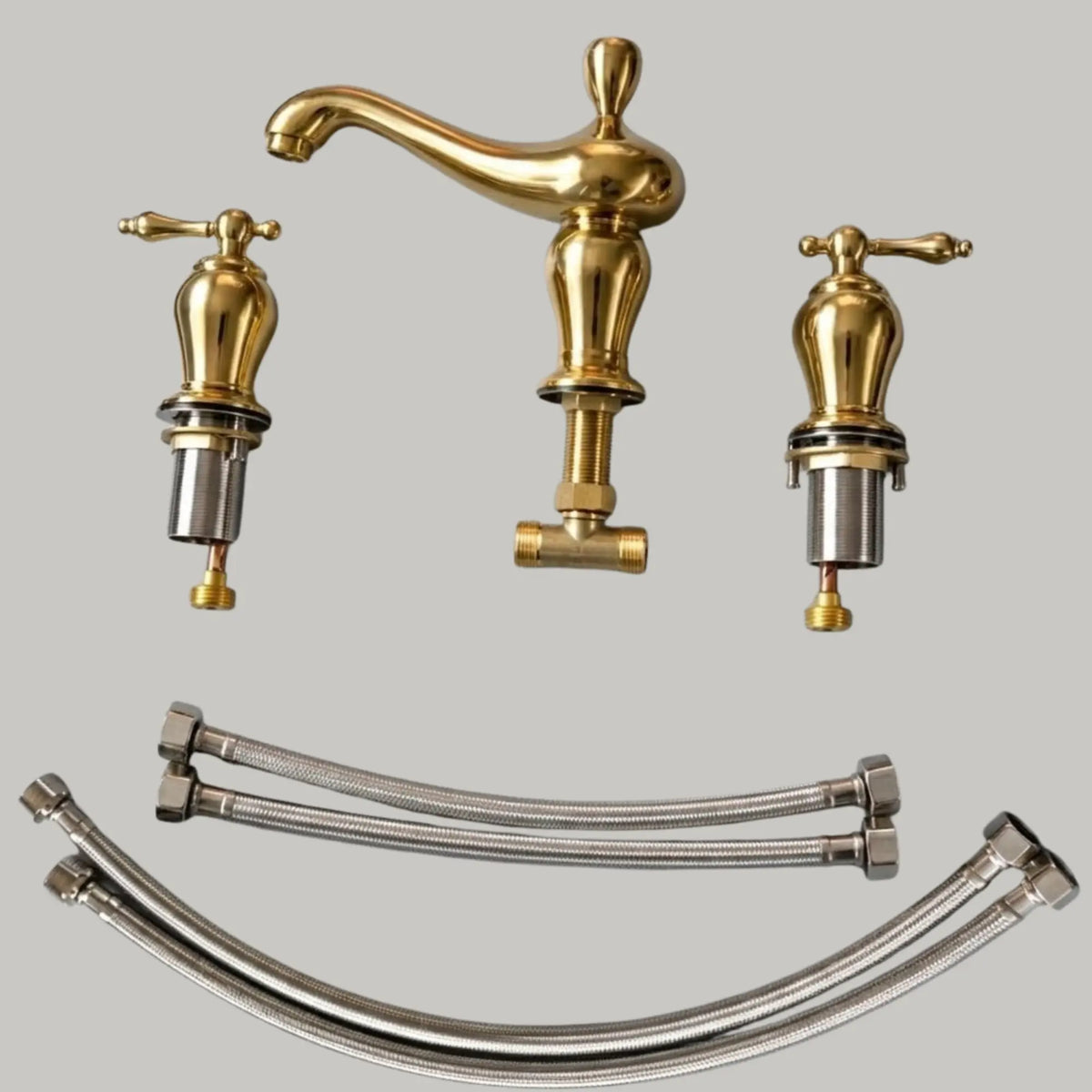 Aurelia unlacquered brass widespread bathroom faucet set with lever handles and stainless steel installation hoses