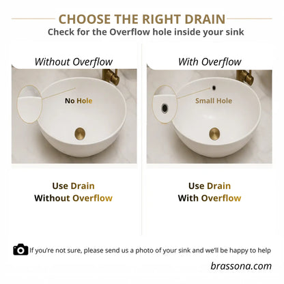 Bathroom sink drain guide showing difference between overflow and no overflow hole inside sink – choose correct drain type