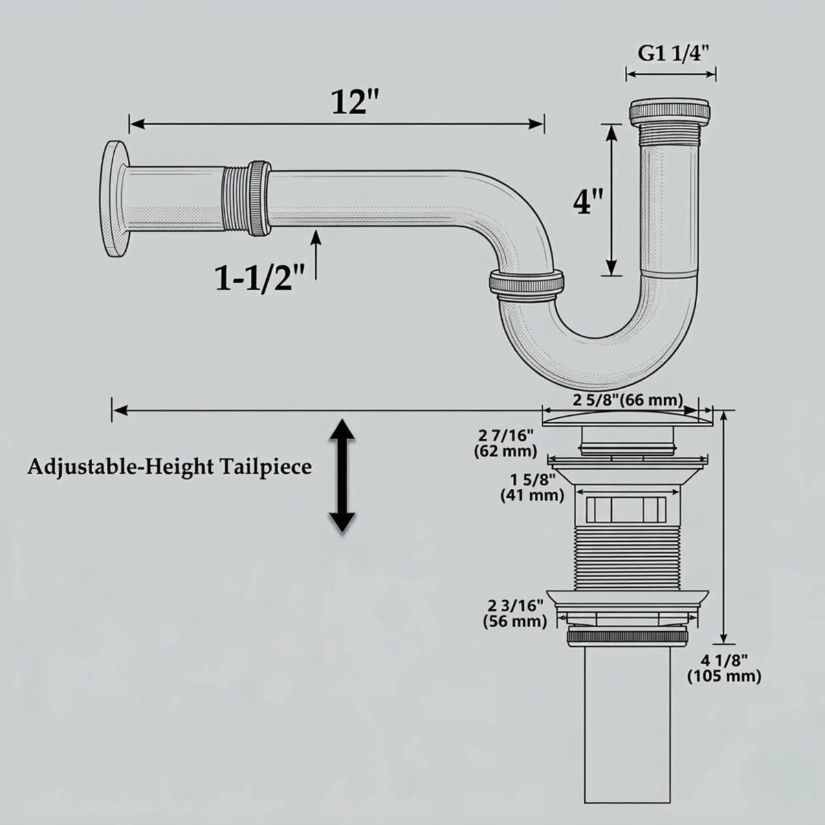 Bathroom sink P-trap drain dimensions diagram showing 1-1/2 inch pipe size, adjustable tailpiece and plumbing measurements