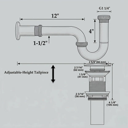 Bathroom sink P-trap drain dimensions diagram showing 1-1/2 inch pipe size, adjustable tailpiece and plumbing measurements