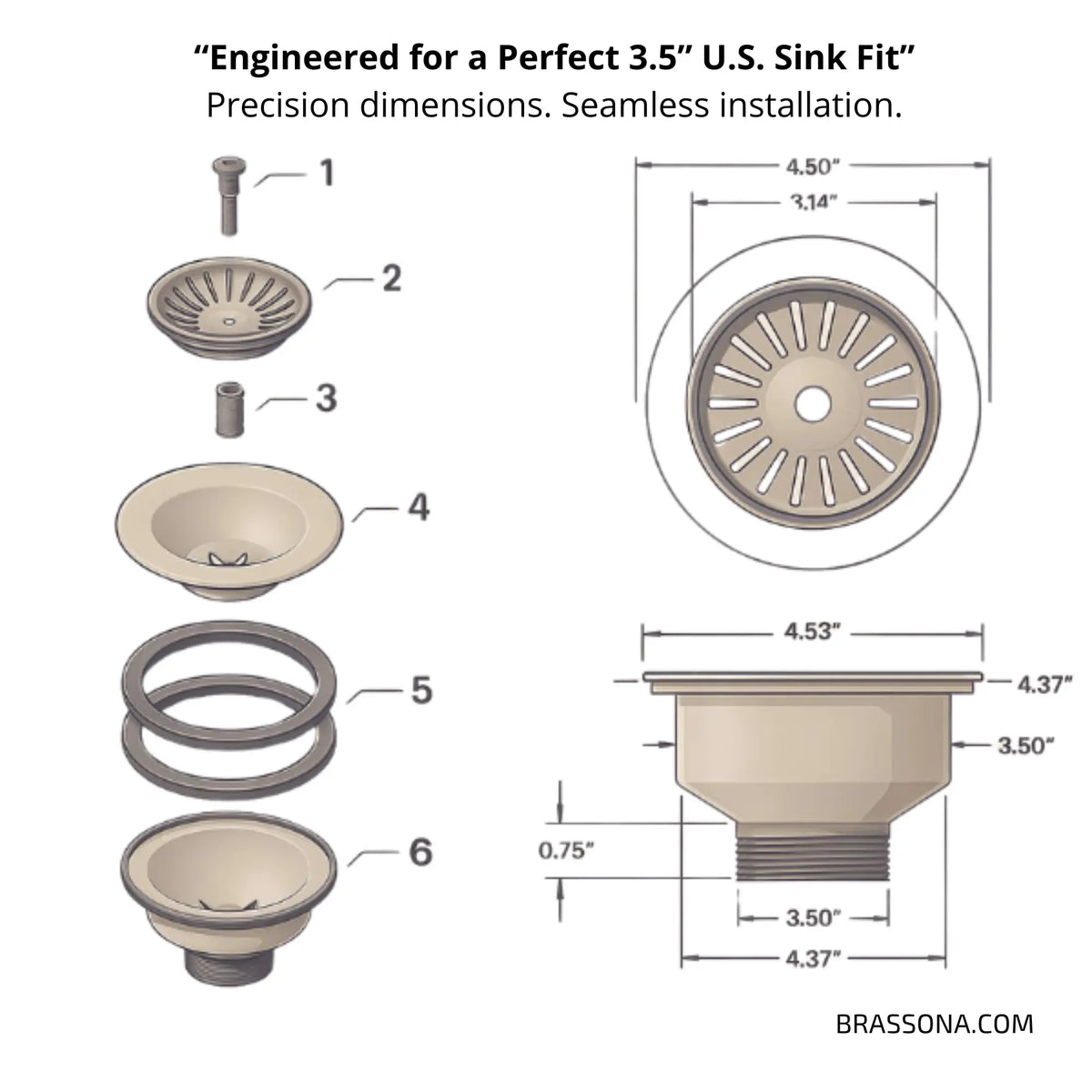 Detailed engineering drawing with measurements for the farmhouse sink drain components.