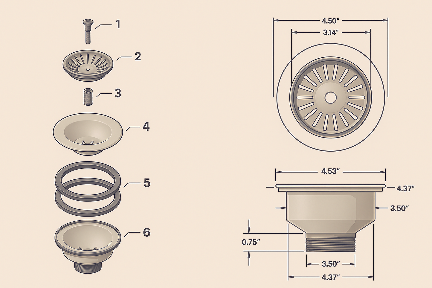 Detailed engineering drawing with measurements for the farmhouse sink drain components.