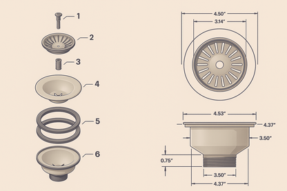 Detailed engineering drawing with measurements for the farmhouse sink drain components.