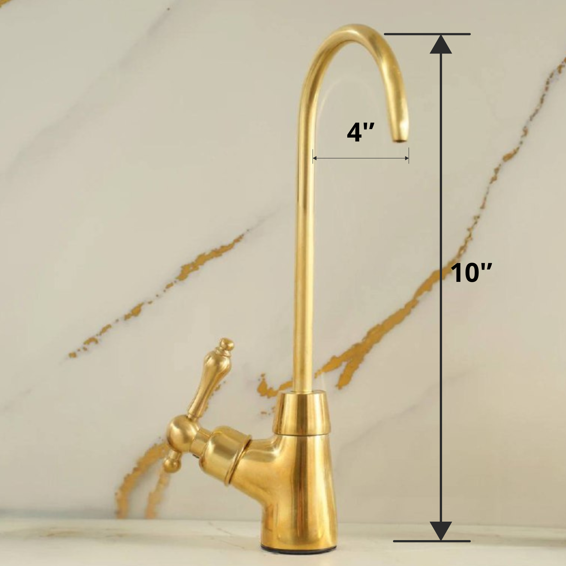 Product dimension diagram showing a 10-inch height and 4-inch spout reach for the brass tap.