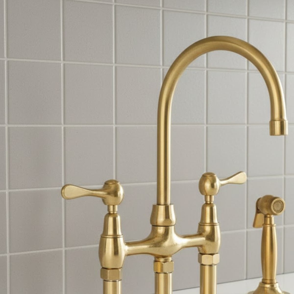 Close-up side view of a solid brass bridge faucet featuring a tall gooseneck spout and traditional lever handles against a tiled backsplash