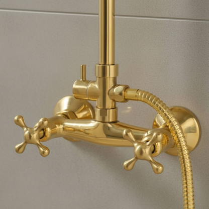 Detailed shot of the vintage-style shower mixer valve featuring elegant dual cross handles and a diverter for the handheld spray.