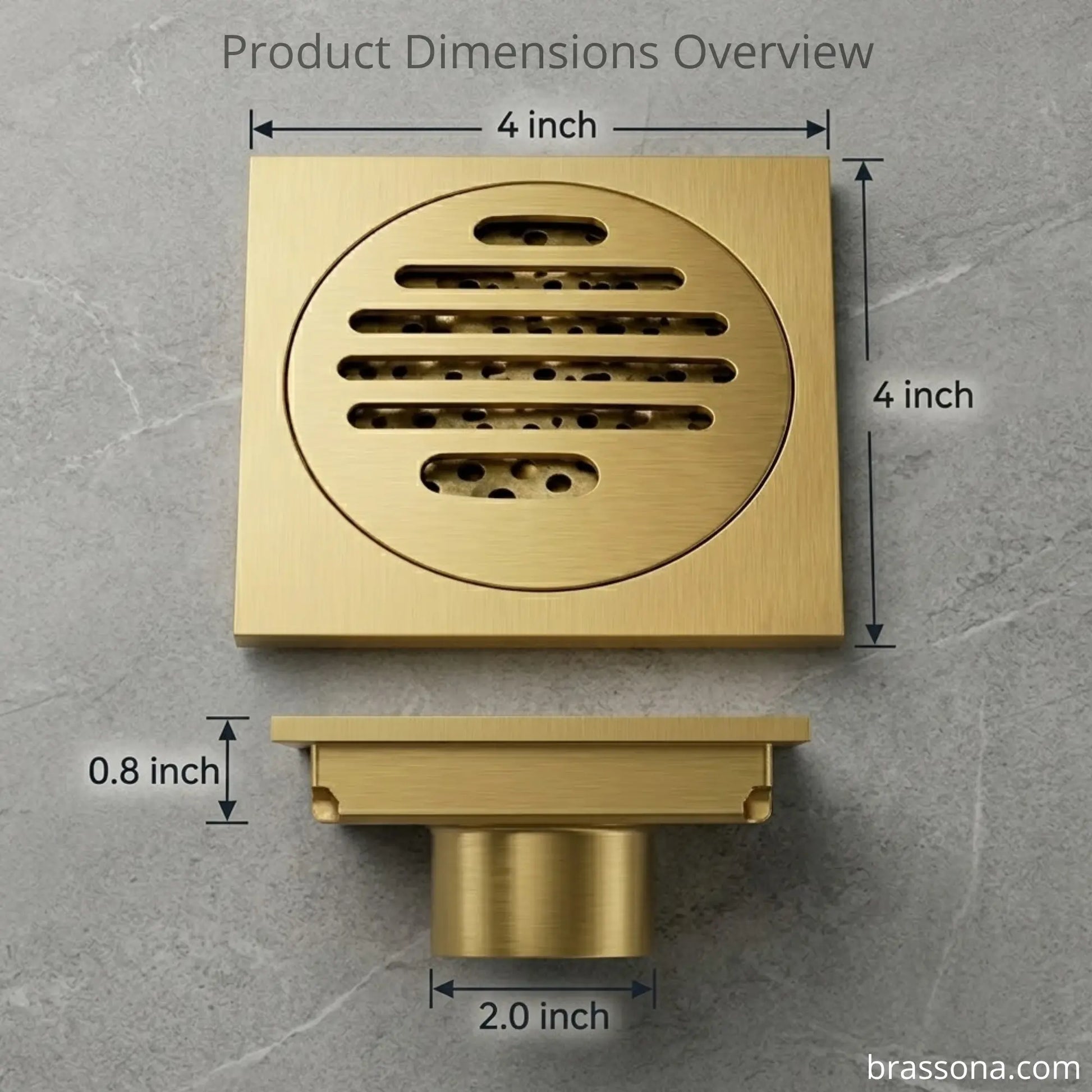 Brass floor drain product dimensions, 4 inch top, 2 inch outlet diameter