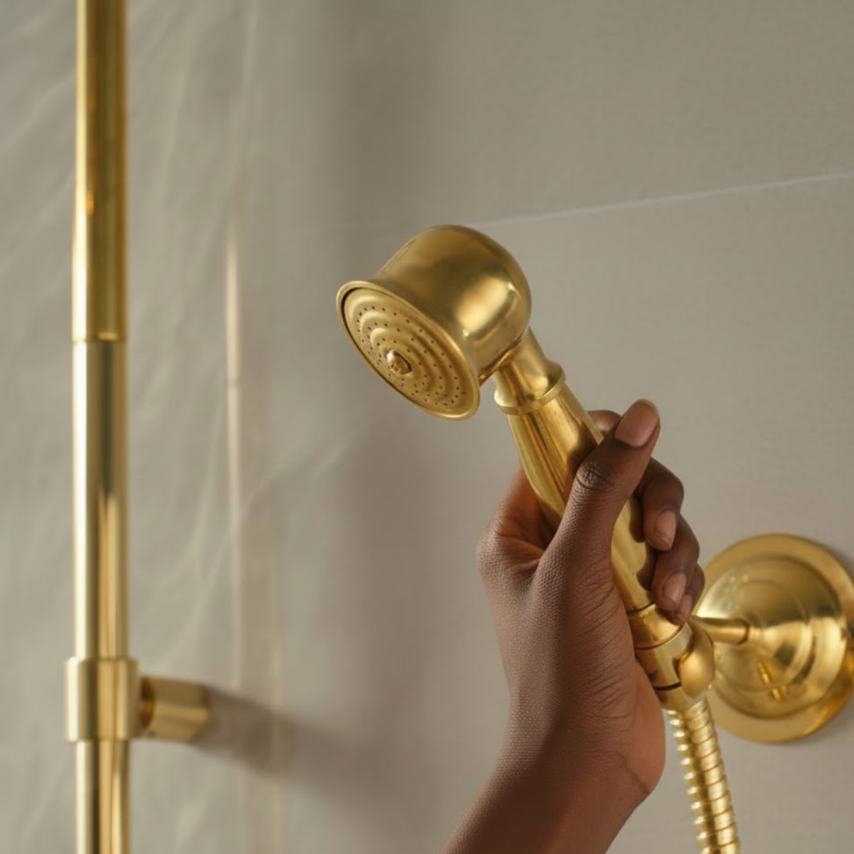 A person holding the ergonomic unlacquered brass handheld shower wand, demonstrating its scale and luxury finish.