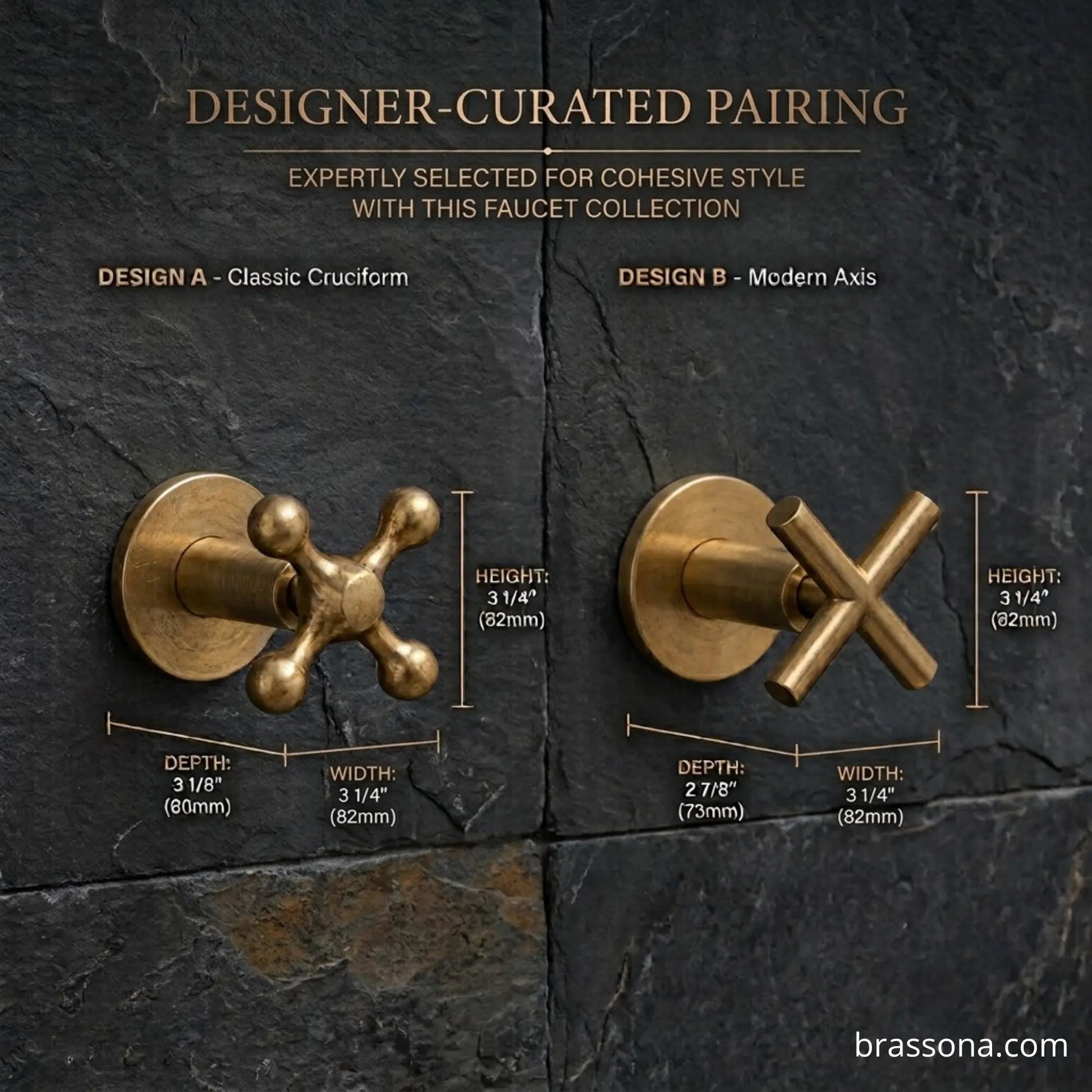 A product comparison graphic showing two brass faucet cross handles mounted on a dark stone background, labeled Design A Classic Cruciform and Design B Modern Axis, with dimensions and the text 'DESIGNER-CURATED PAIRING' and 'WITH THIS FAUCET COLLECTION'.