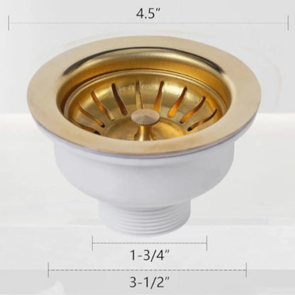 Technical diagram showing the 4.5-inch diameter and 2.5-inch depth of the brass basket strainer.