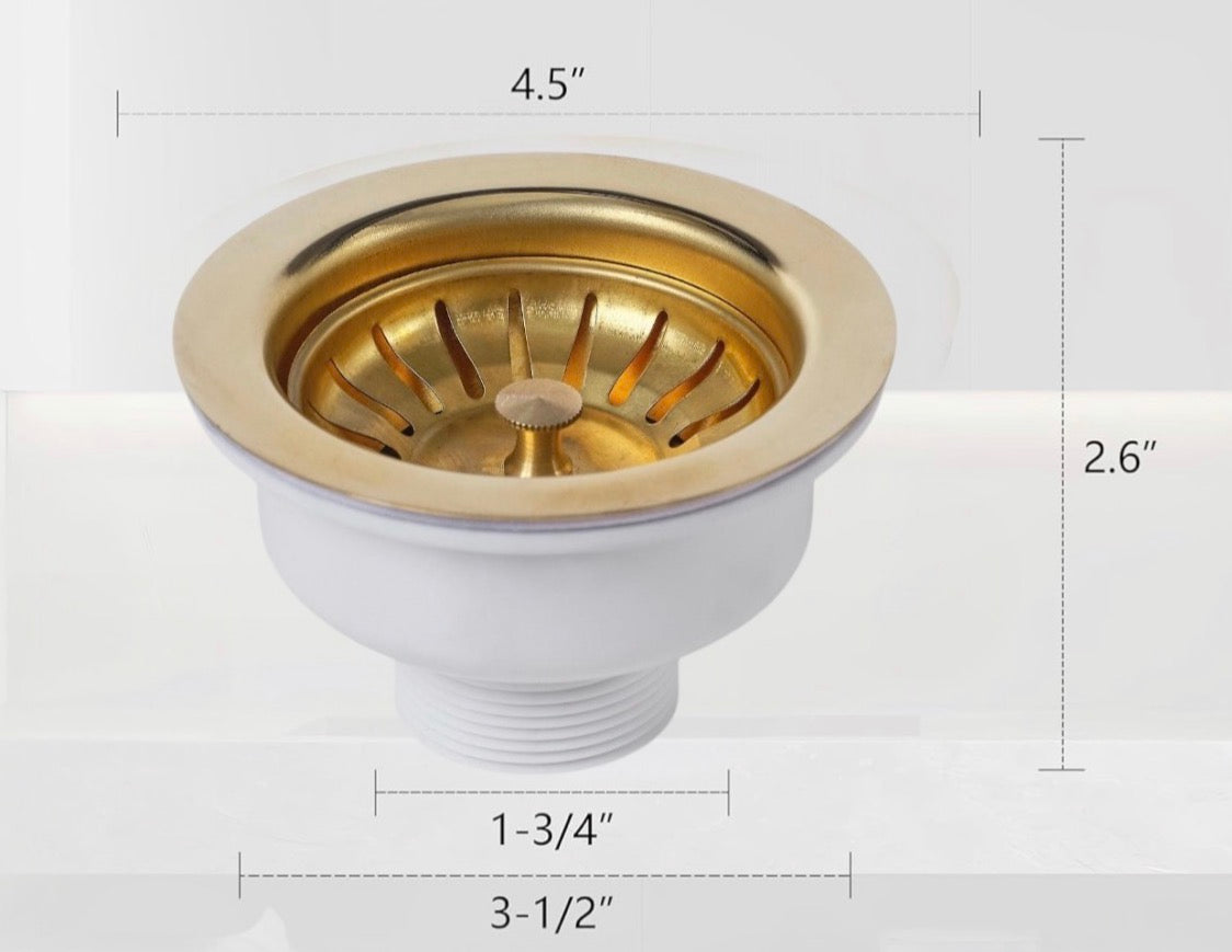 Technical diagram showing the 4.5-inch diameter and 2.5-inch depth of the brass basket strainer.