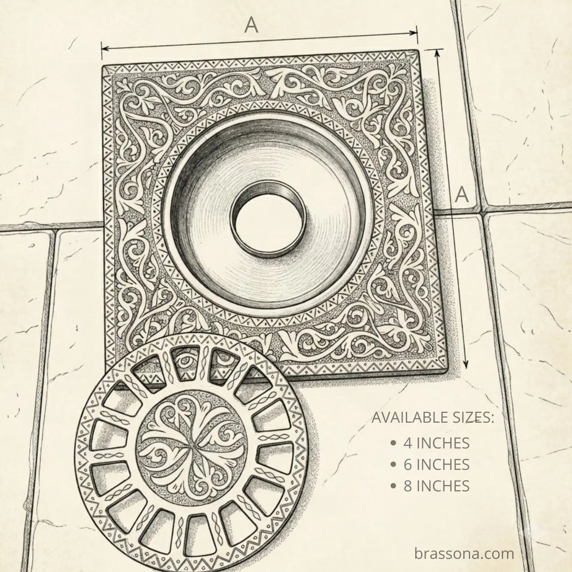 Technical diagram of engraved brass square floor drain available in 4 inch, 6 inch, and 8 inch sizes – BrassOna