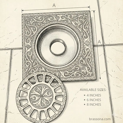 Technical diagram of engraved brass square floor drain available in 4 inch, 6 inch, and 8 inch sizes – BrassOna