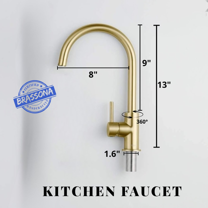 Gold kitchen faucet with dimensions labeled on a white background, featuring the Brasscona brand.