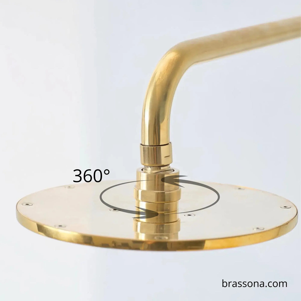 BrassOna® 360° swivel joint on solid brass rainfall shower arm — adjustable rotating shower head mount detail
