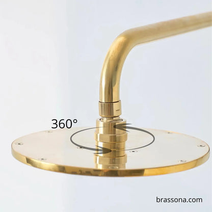 BrassOna® 360° swivel joint on solid brass rainfall shower arm — adjustable rotating shower head mount detail