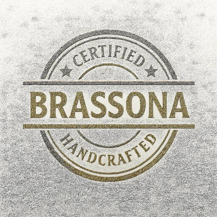 BrassOna Certified Handcrafted circular emblem logo on dark charcoal background