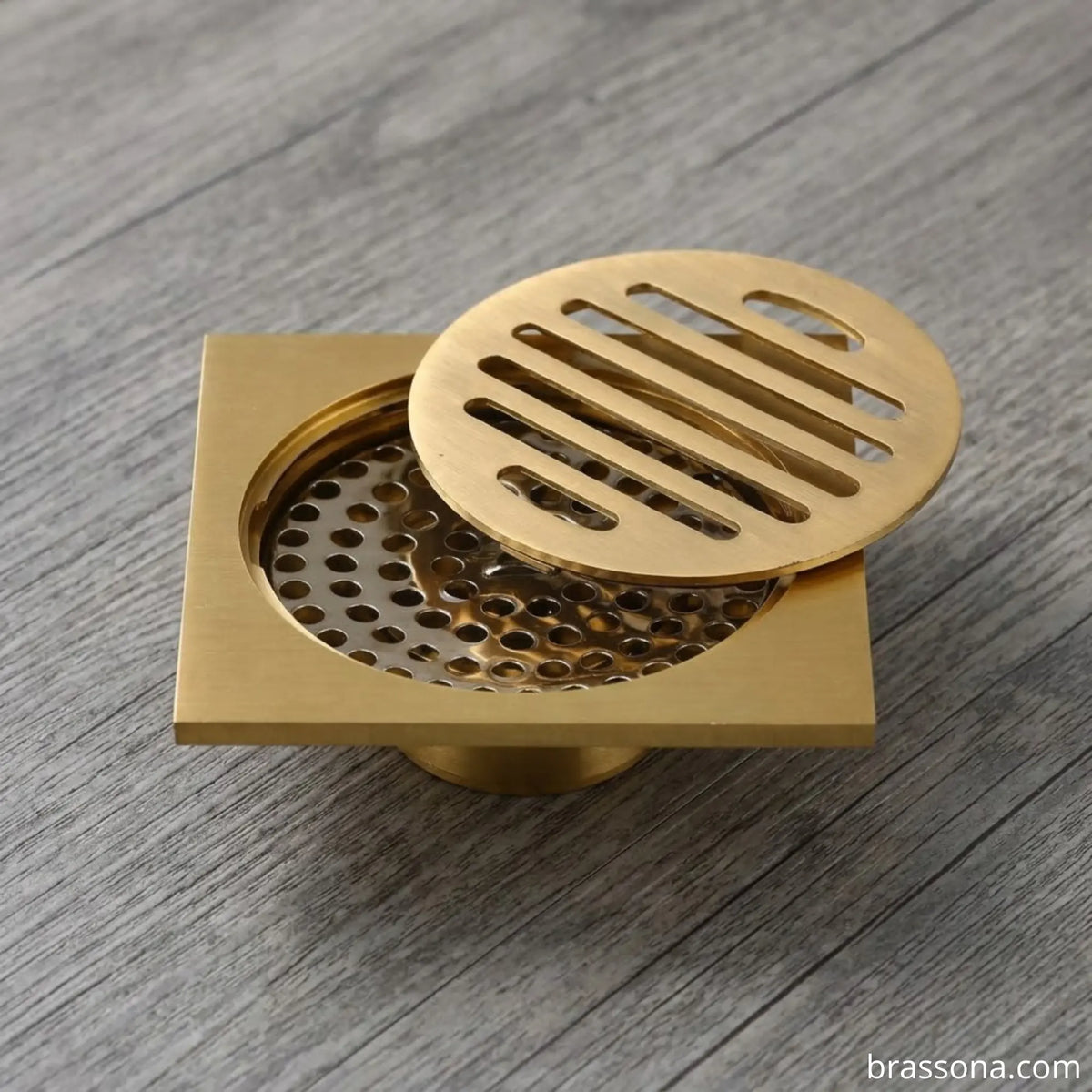 BrassOna unlacquered brass anti-odor floor drain with strainer lid
