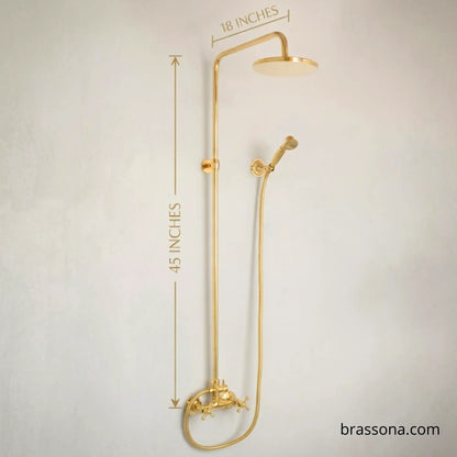 BrassOna® unlacquered brass rainfall shower system dimensions — 45 inches total height, 18 inches shower arm projection, with handheld sprayer