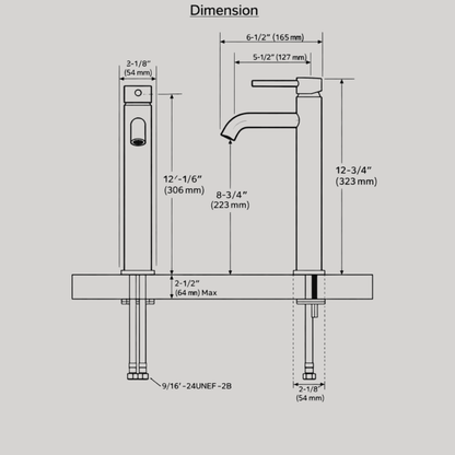 Technical dimension drawing of Castello unlacquered solid brass single-hole vessel sink faucet with height and spout reach measurements.